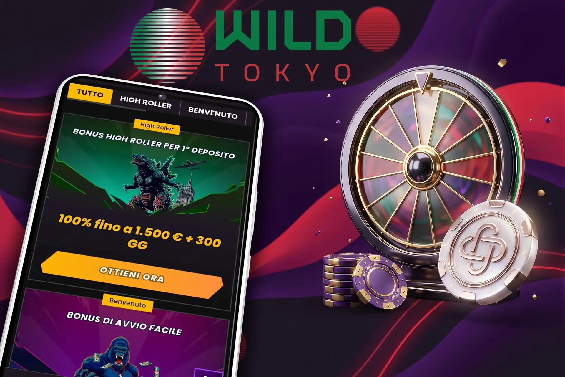 Offerte esclusive per giocatori High Roller e bonus settimanali in Wild Tokyo, affiancate da una ruota della fortuna e fiches da casinò scintillanti